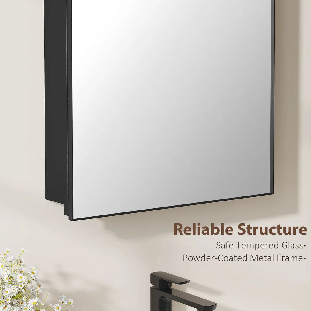 HOMCOM Arched Bathroom Mirror Cabinet with Storage Shelves – Wall Mounted, 180° Door, Black