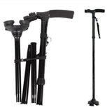 Folding Walking Stick with LED Light, 5 Adjustable Heights & Pivot Base – Hiking & Travel Cane, Black