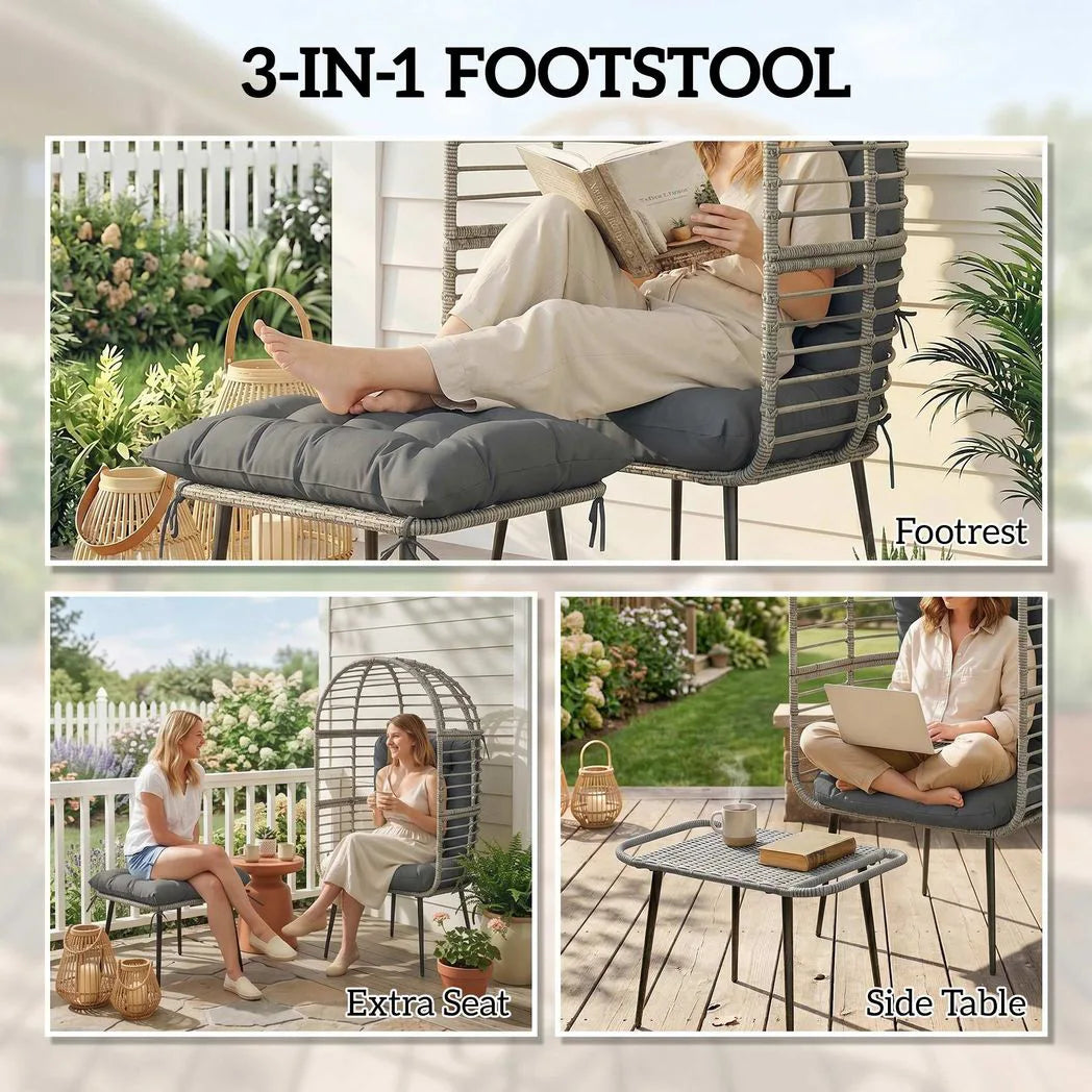 Outsunny Garden Egg Chair with Footstool, PE Rattan Indoor Outdoor Lounge Set with Thick Cushions – Light Grey