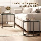 HOMCOM Nest of 2 Coffee Tables with Steel Frame and Tempered Glass Tops – Round and Oblong Side Tables, Black
