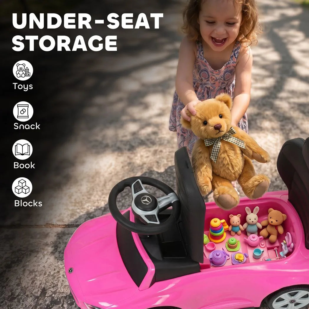 AIYAPLAY 4 in 1 Licensed Mercedes-Benz Ride On Push Car with Canopy, Guardrails, Horn and Music – 12–36 Months, Pink