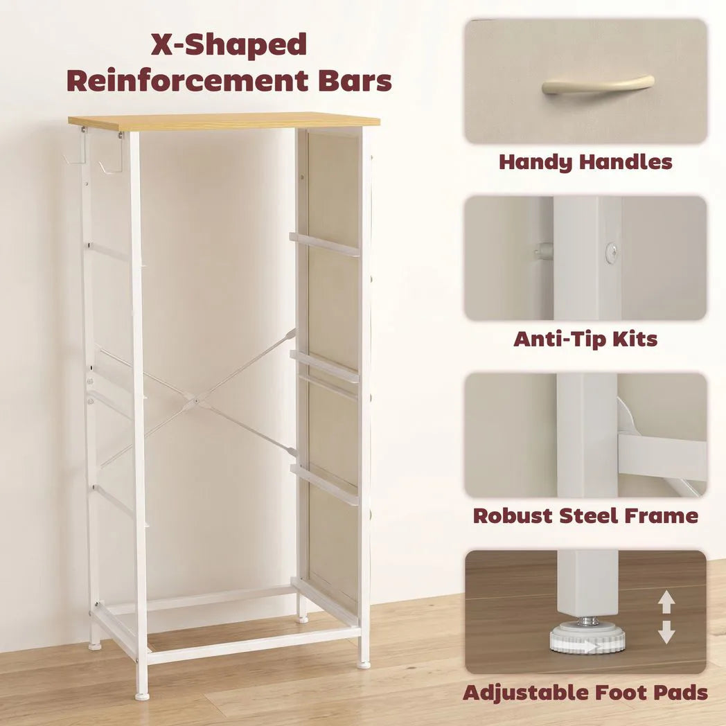 HOMCOM Chest of Drawers with 4 Fabric Drawers, 2 Hooks and Steel Frame – Tall Bedroom Storage Unit, Beige