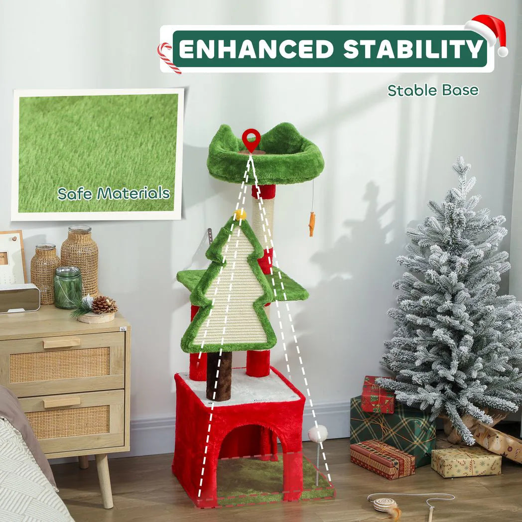 PawHut Christmas Cat Tree, 120cm Tower with Scratching Post, Bed, House and Toys – Festive Green