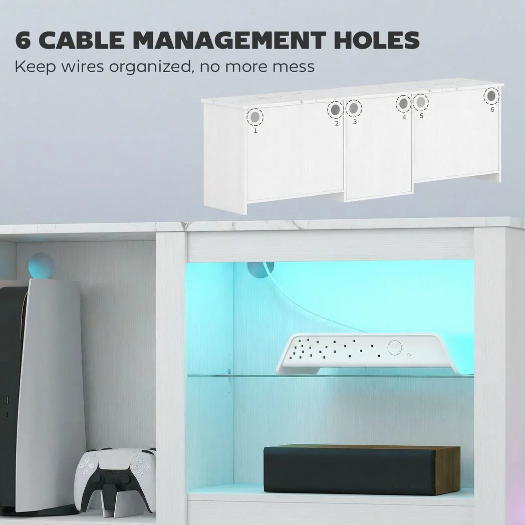 HOMCOM 70in TV Stand with Remote-Controlled LED Lights, Glass Shelves and Cable Management – Media Unit, White