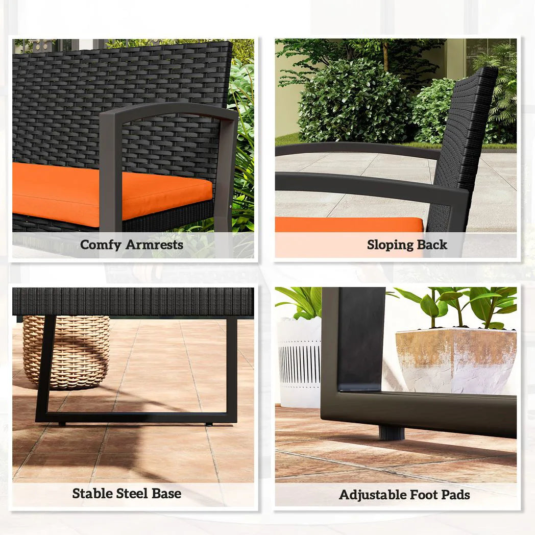 Outsunny 2 Seater Rattan Garden Bench with Padded Cushion, Orange