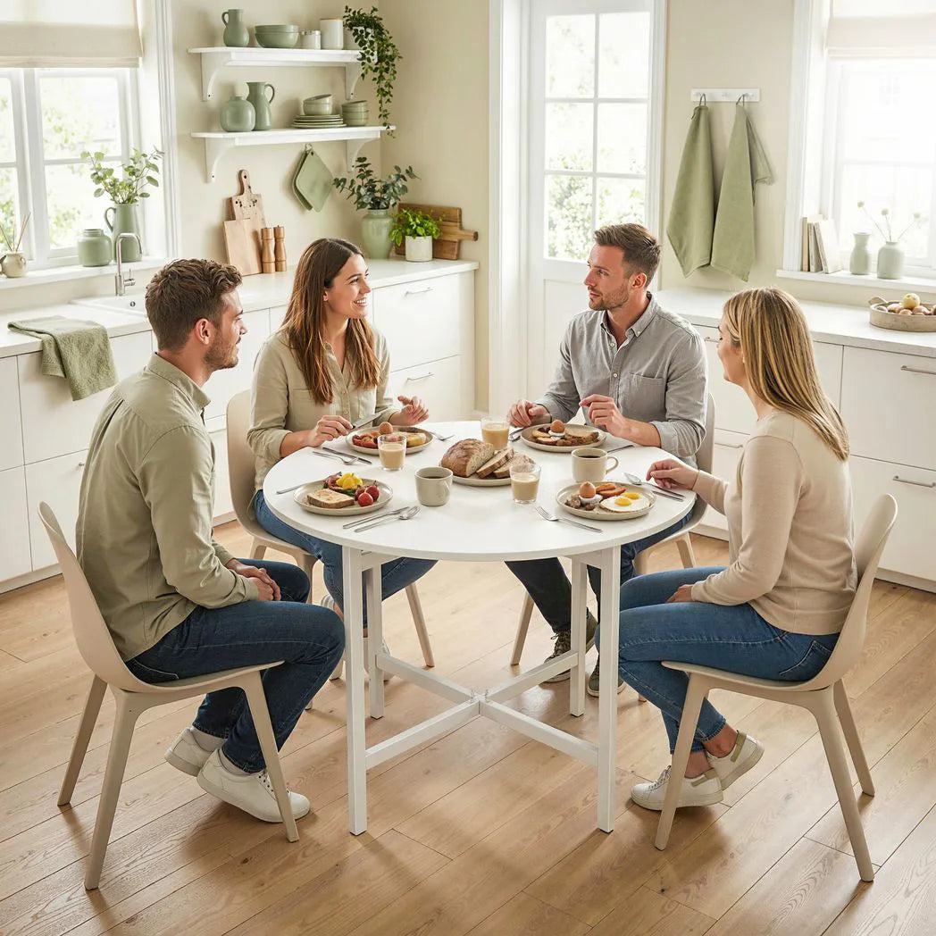 HOMCOM Round Drop Leaf Dining Table – 80cm Folding Kitchen Table for Small Spaces with Steel Frame, White