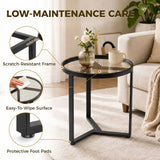 HOMCOM Round Side Table with Tempered Glass Top and Geometric Metal Frame – Compact End Table, Black