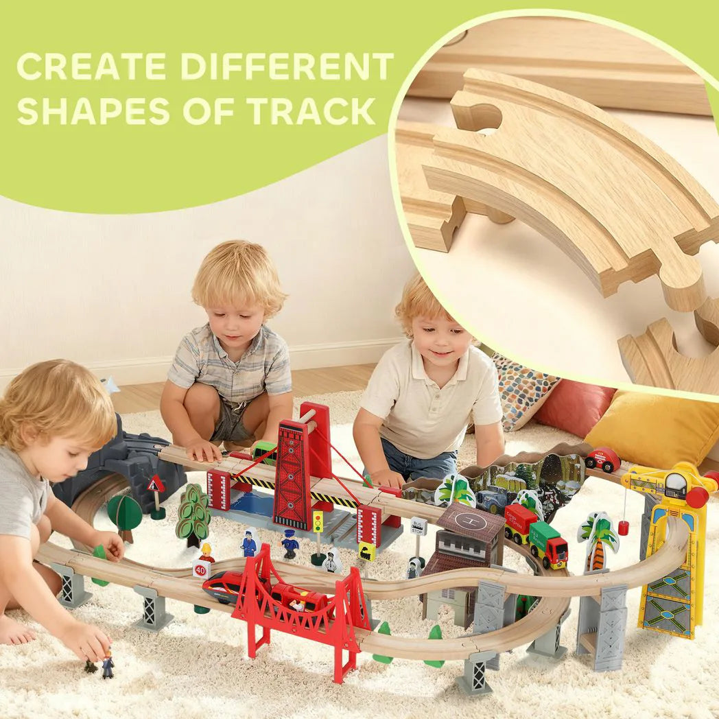 AIYAPLAY 100 Piece Wooden Train Set with Track, Crane & Battery Operated Train – Beechwood Toy, Ages 3+