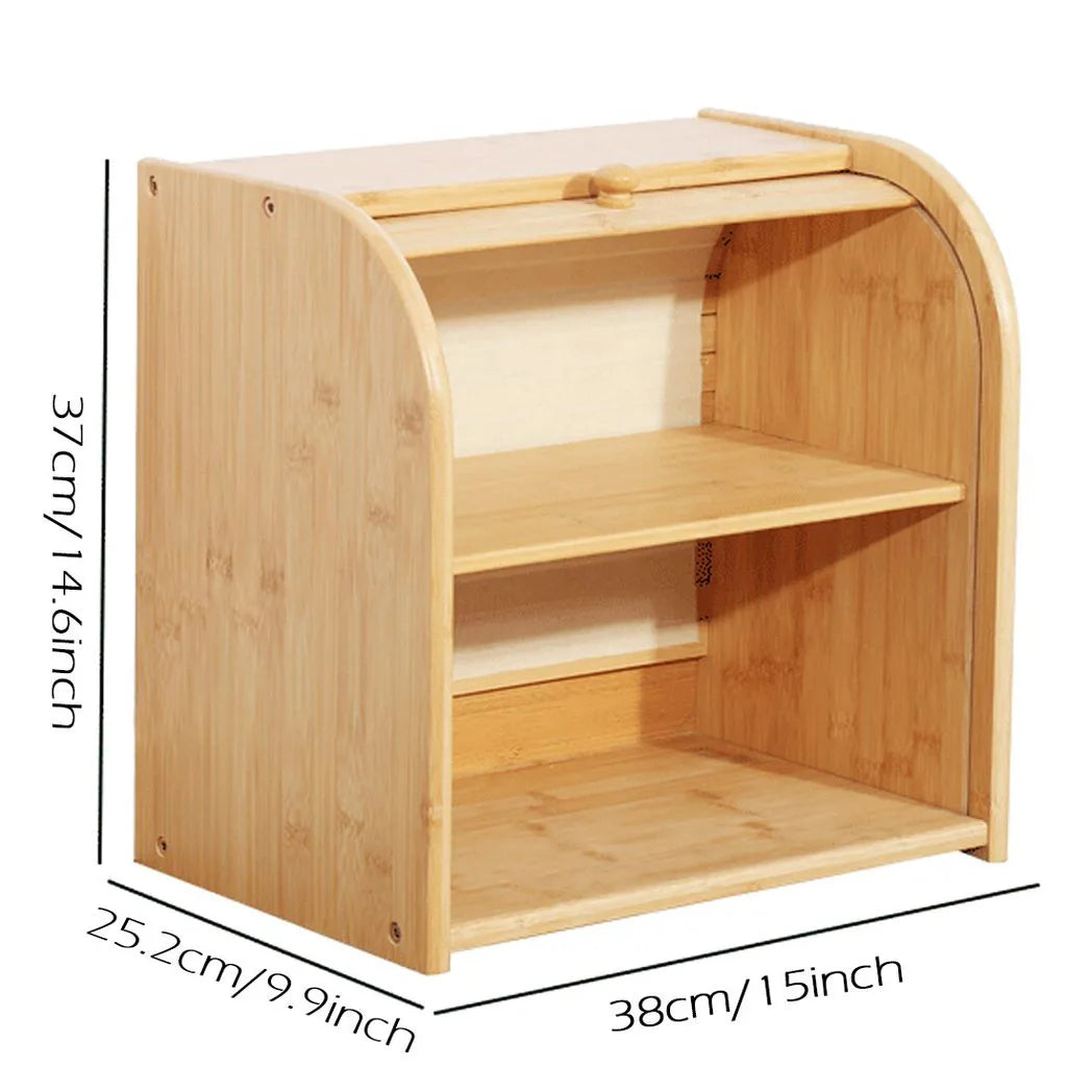 2-Tier Bamboo Bread Bin with Roll Top Lid and Sliding Door – Kitchen Food Storage Box with Food Clip