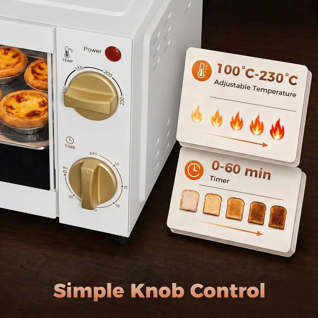 HOMCOM 9L Mini Oven with Adjustable Temperature & 60 Minute Timer – Countertop Toaster Oven Grill, White