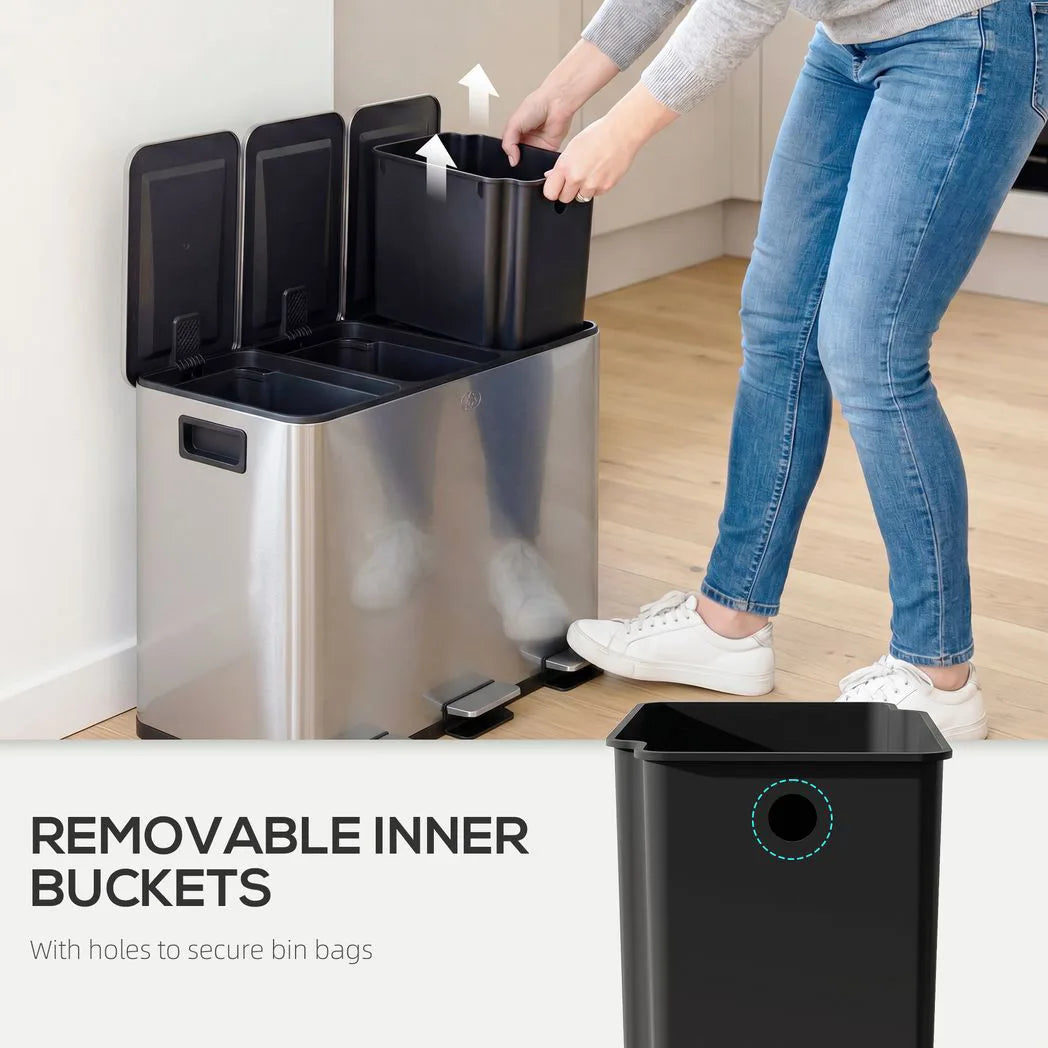 HOMCOM 3 x 20L Pedal Bin with Soft Close Lid, Removable Inner Buckets – Stainless Steel Triple Kitchen Bin, Silver Tone