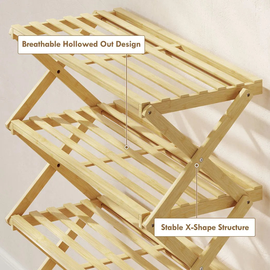 HOMCOM 4-Tier Folding Bamboo Shoe Rack, 12 Pairs, 67 x 60 x 29 cm – Natural