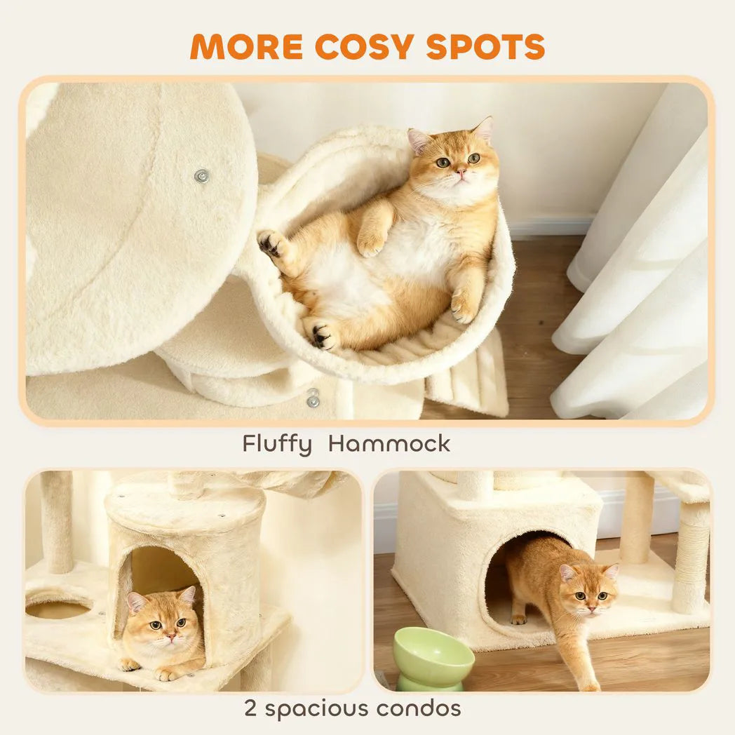 PawHut 170cm Large Cat Tree with 7 Scratching Posts, Tunnel, 2 Condos, Hammock & Perch – Cat Tower, Beige