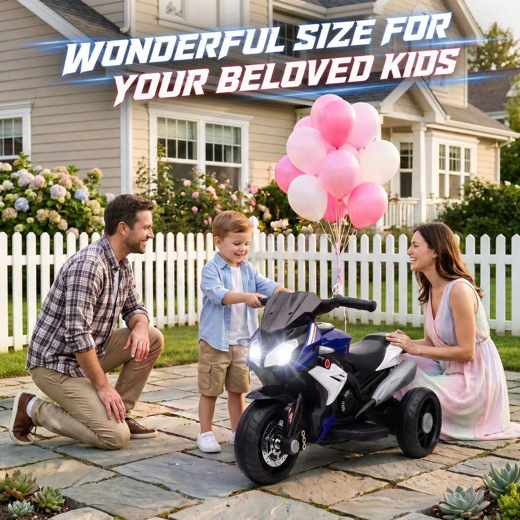 HOMCOM Kids Electric Motorcycle, 6V Three-Wheel Ride-On with LED Headlight, Music & Horn – Ages 3-5, Blue