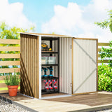 Outsunny Lean-To Steel Garden Shed with Locking Door – 3.3 x 3.4ft Tool Storage, Light Brown Wood Effect/White