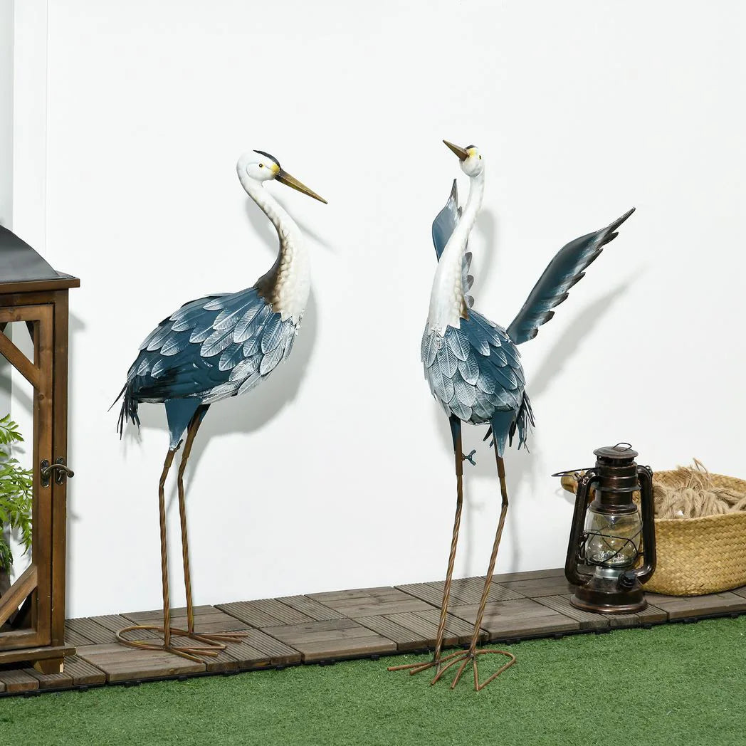 Outsunny Metal Heron Garden Statues with Stakes – Blue & White
