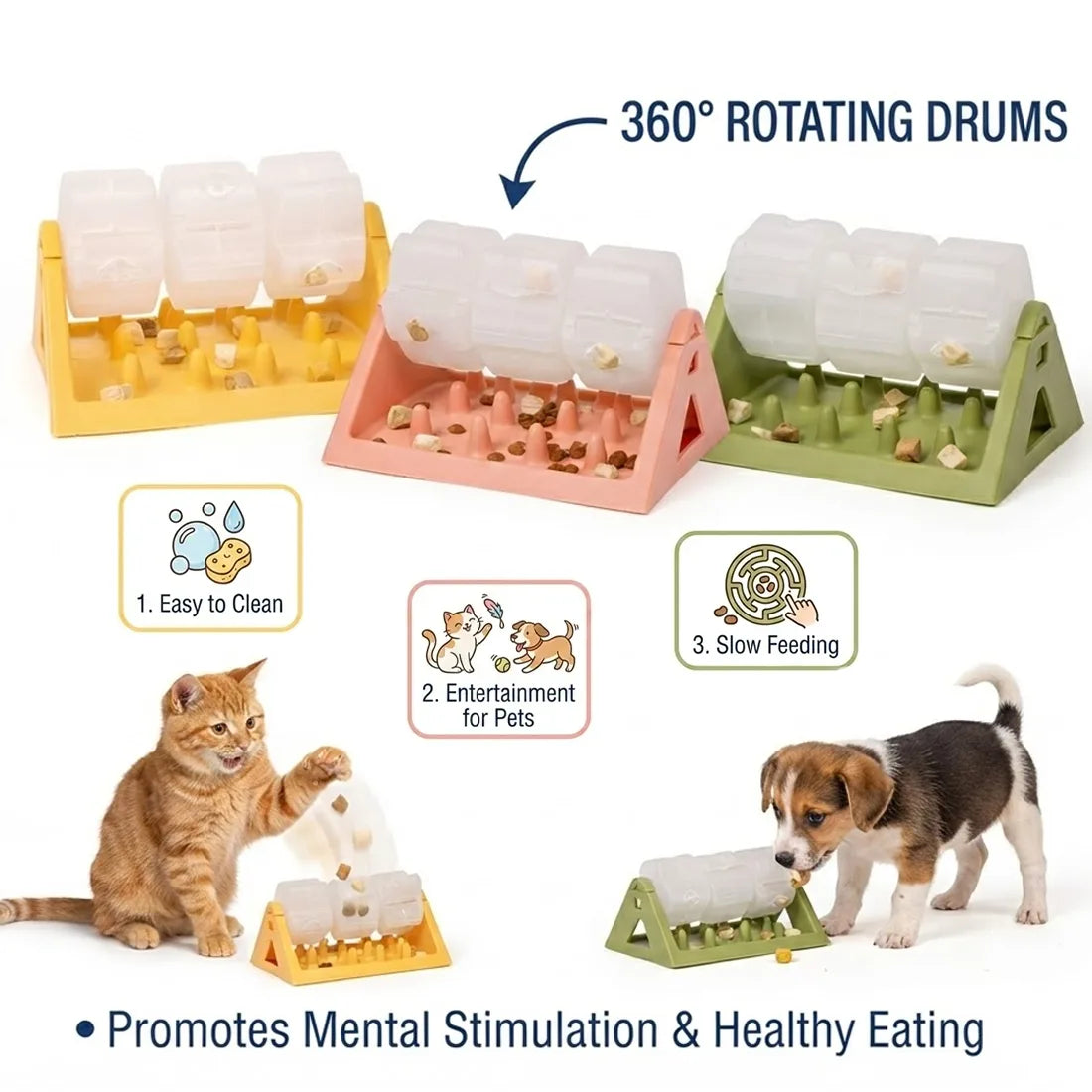 360° Rotating Puzzle Dog Bowl Slow Feeder – Interactive Treat Dispensing Pet Feeding Toy, Yellow