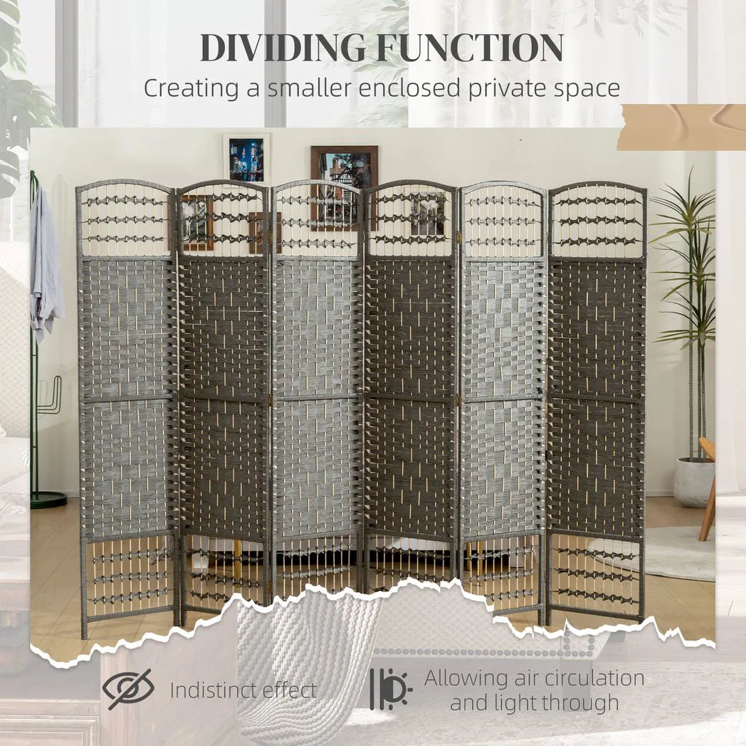 HOMCOM 4 Panel Folding Privacy Screen with Pine Wood Frame – Hand-Woven Room Divider, Dark Grey