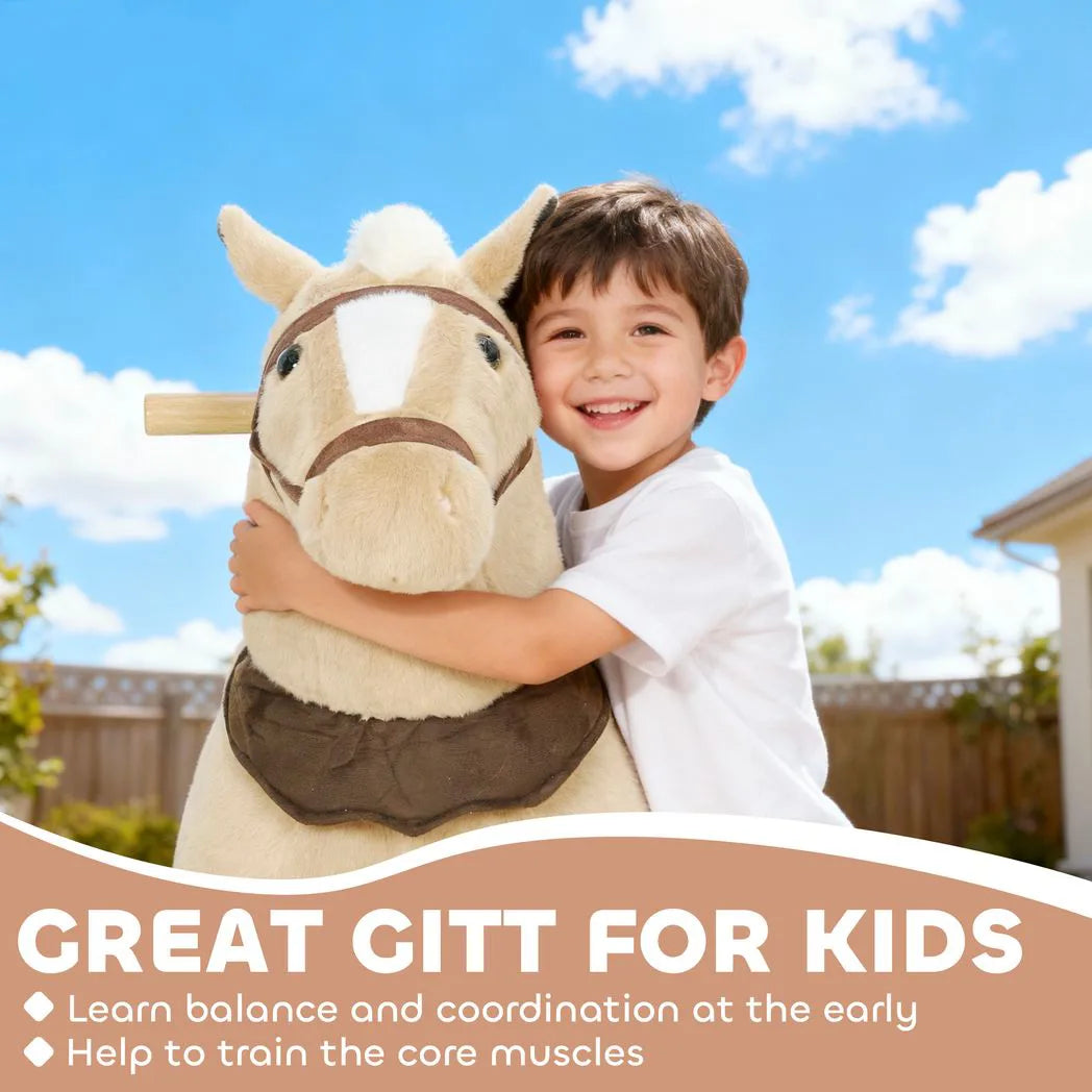 AIYAPLAY Plush Rocking Horse Ride On Pony with Wheels, Saddle & Handlebars – Kids 3–5 Years, Brown