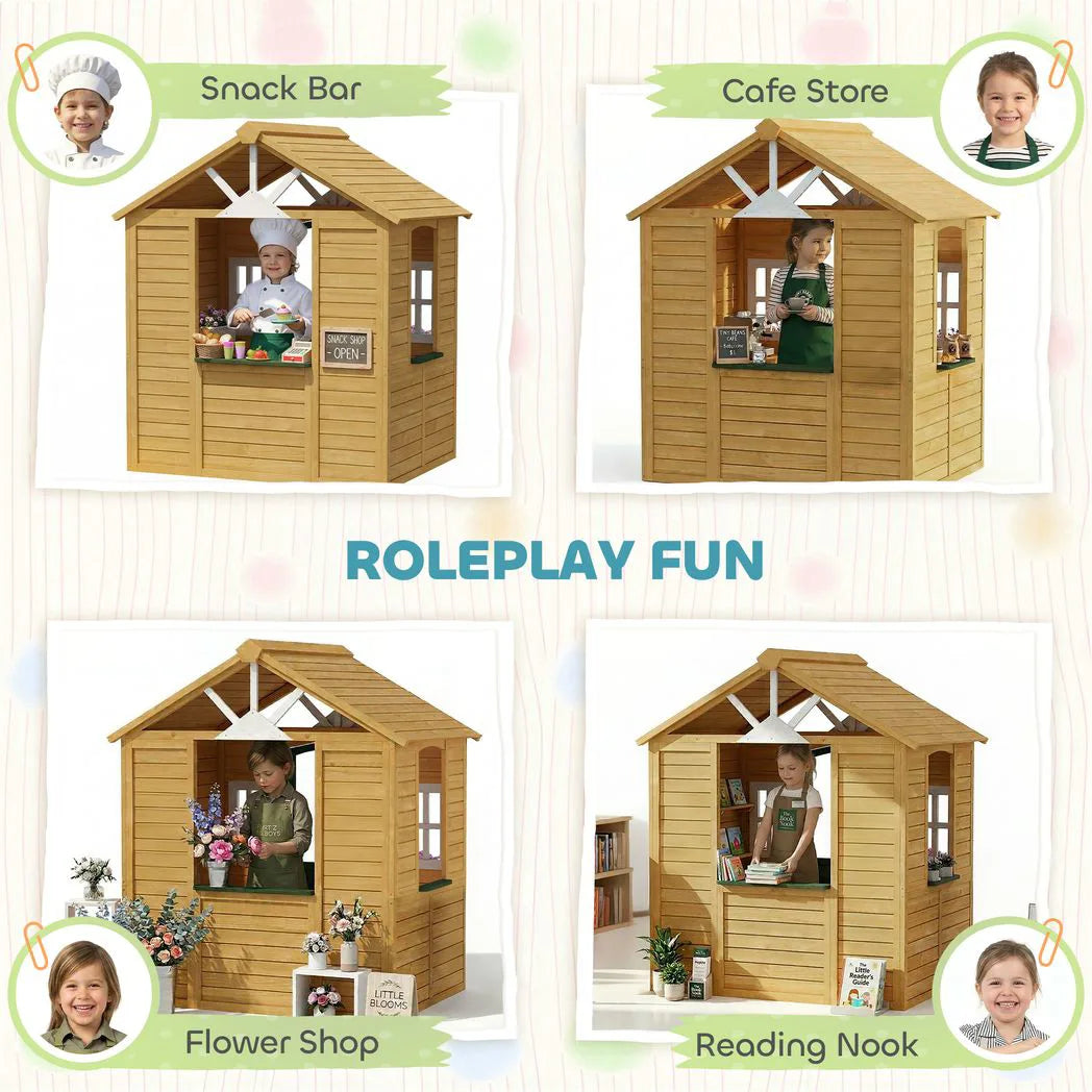 AIYAPLAY Kids Wooden Playhouse with Door, 3 Windows and 2 Flower Boxes – Garden Wendy House