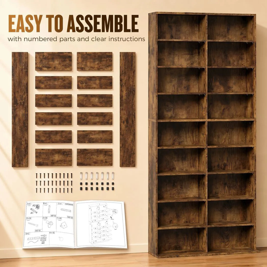 HOMCOM CD Storage Tower for 640 CDs or 360 DVDs with 14 Adjustable Shelves – Tall Narrow Media Rack, Rustic Brown