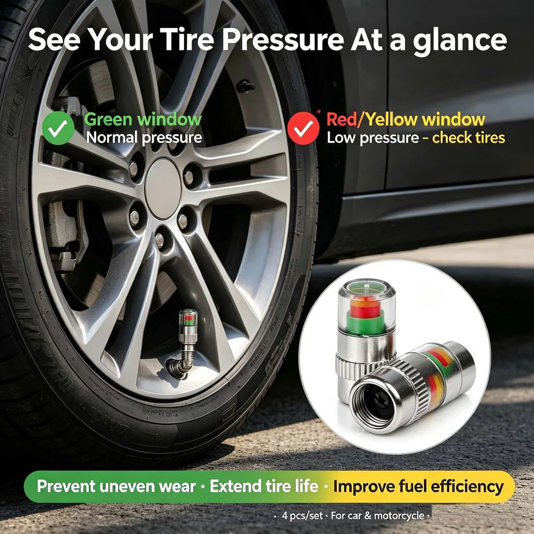 4 Pack Tyre Valve Caps with Clear Pressure Indicator Window – Lightweight Wheel Dust Caps for Car & Motorcycle