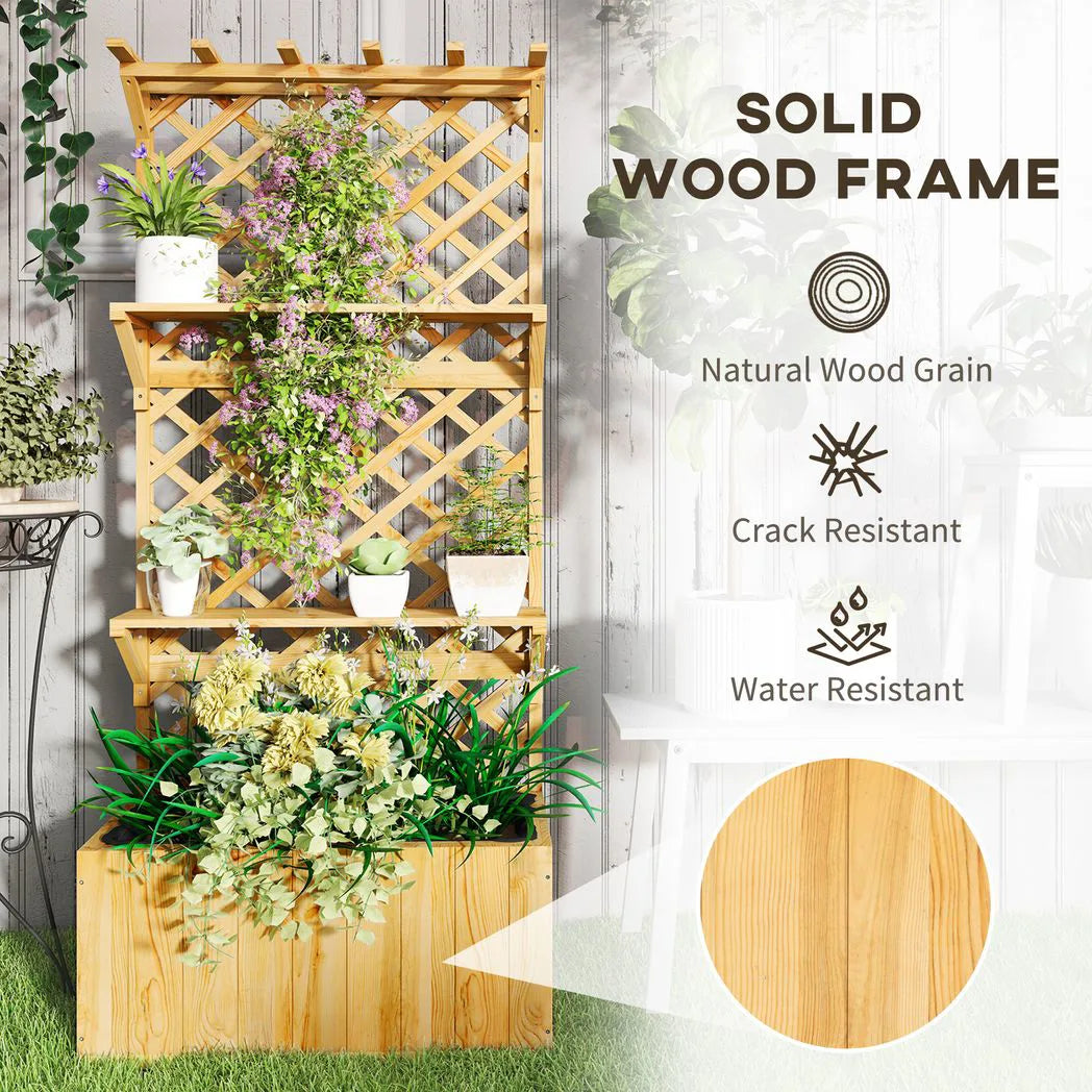 Outsunny 52L Wooden Planter, with Trellis and Shelves – Natural Finish