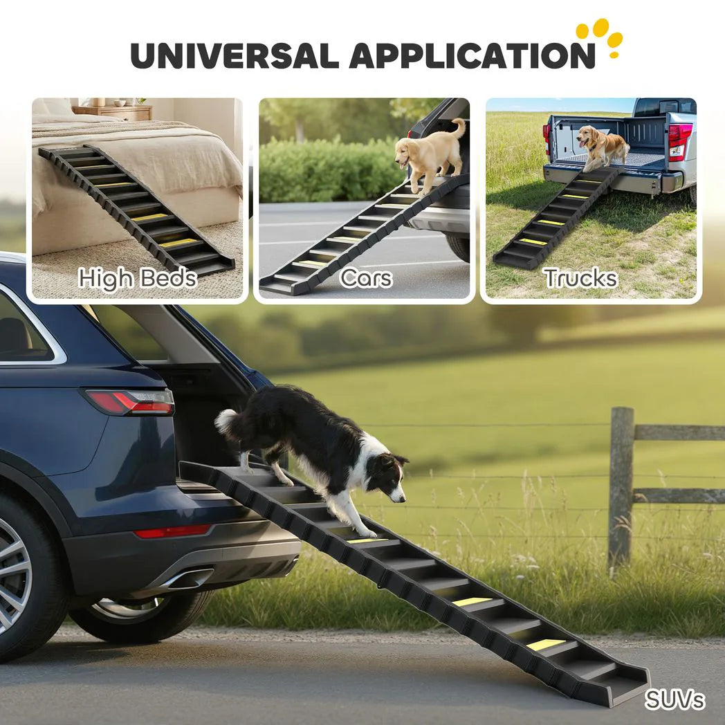 PawHut Folding Dog Car Ramp with 10 Anti-Slip Steps, 154cm – Pet Stairs for Cars, Trucks & High Beds, Black