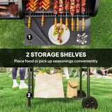 Outsunny Charcoal BBQ Grill with Offset Smoker, Thermometer Lid and Shelves – Garden Barbecue, Black