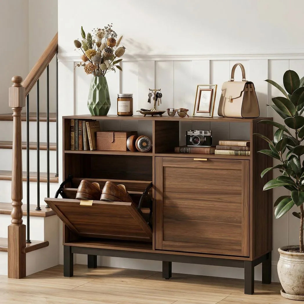 HOMCOM Narrow Shoe Cabinet with 2 Flip Drawers & Open Shelves – Rustic Brown