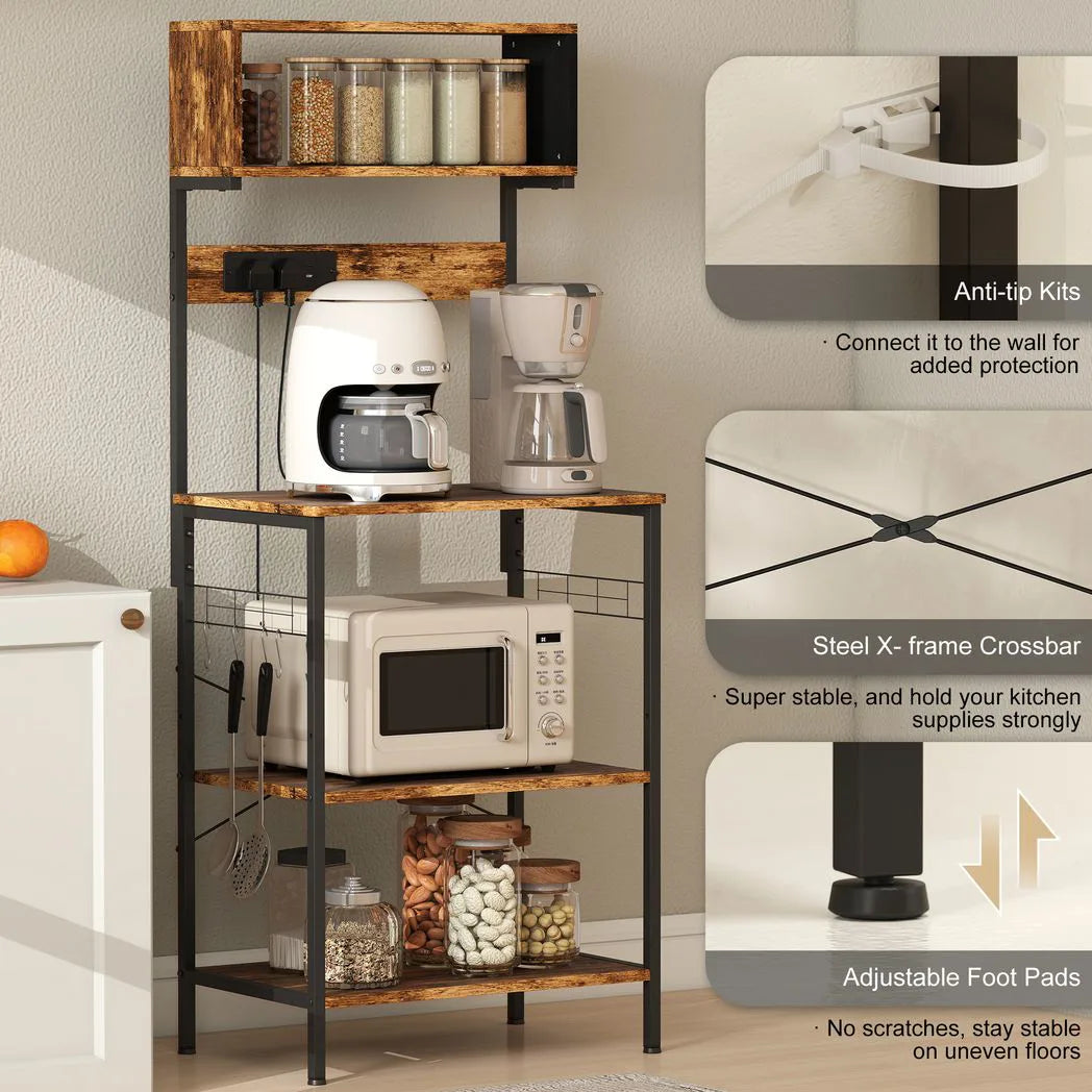 HOMCOM Kitchen Storage Rack with Power Outlets, USB Chargers and Hooks – Bakers Rack, Coffee Station, Rustic Brown