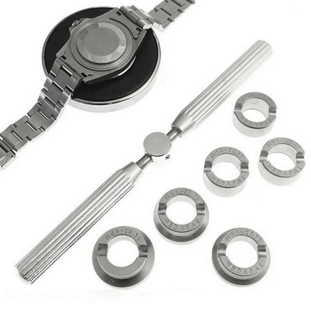 Watch Case Back Opener Tool Set with Wrench & 6 Grooved Rings, 18.5-29.5mm – Watch Repair Kit for Rolex, Tudor