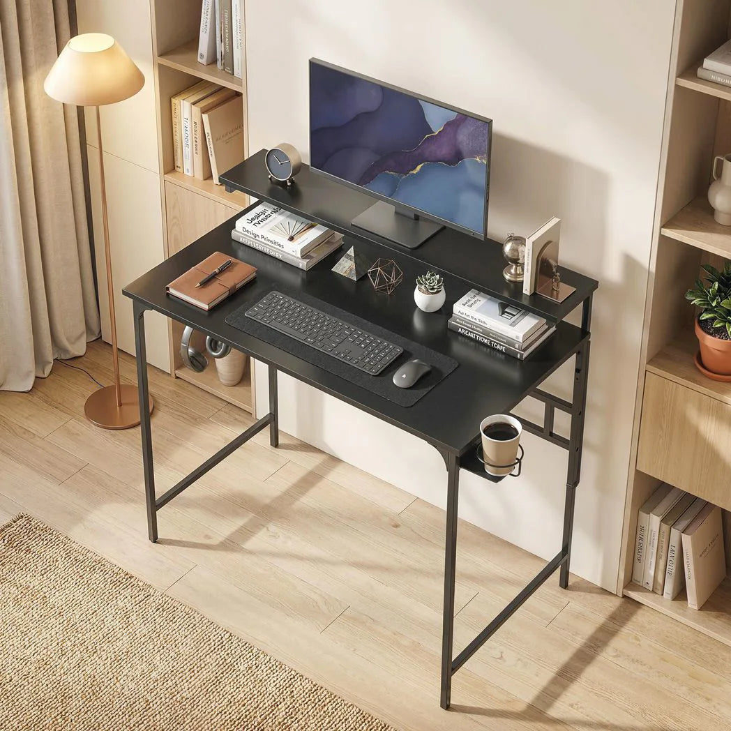 HOMCOM Computer Desk, 80cm Home Office Study Table with Hutch Shelf, Cup Holder & Headphone Hook – Black