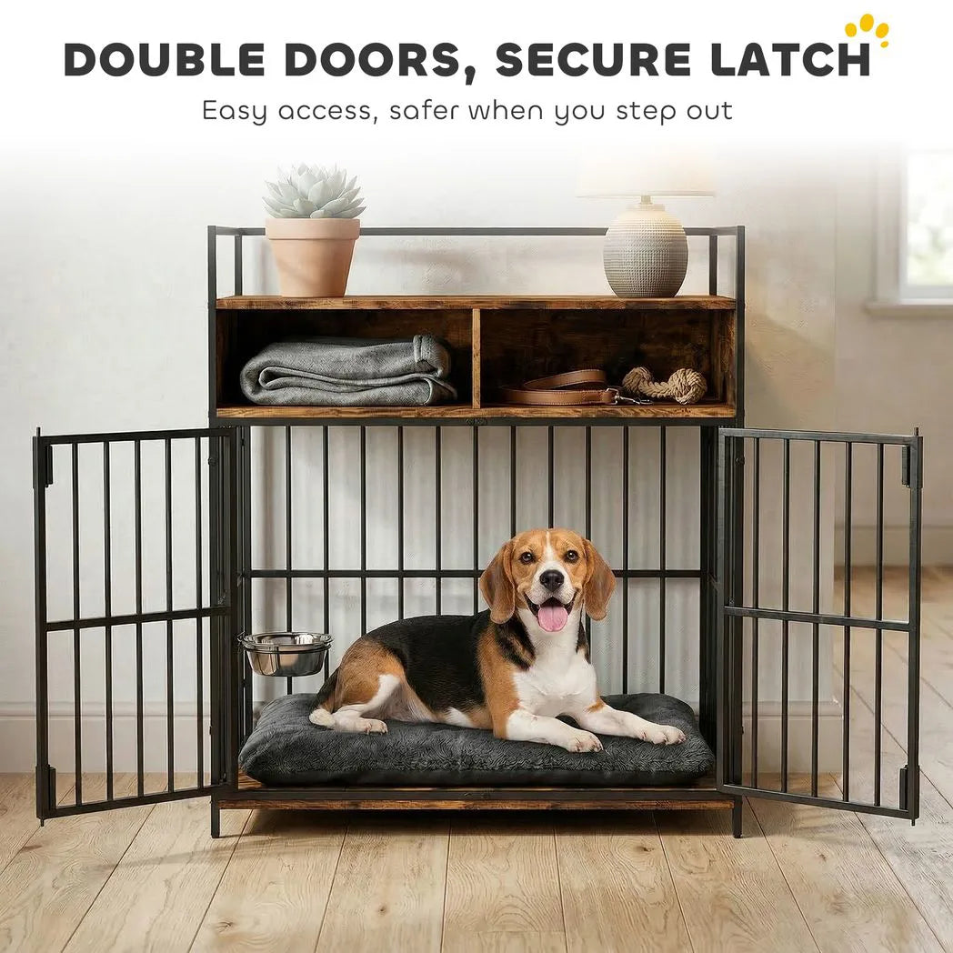 PawHut Dog Crate Furniture with Rotatable Feeding Station and Shelves – Indoor End Table Kennel, Brown