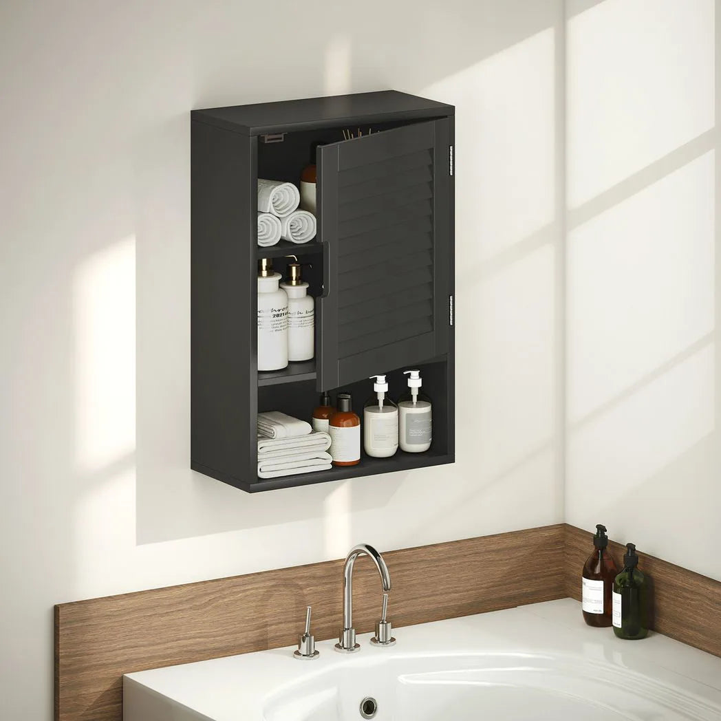 HOMCOM Wall Mounted Bathroom Cabinet with Adjustable Shelves – Louvred Door Storage, 40 x 20 x 60 cm, Black