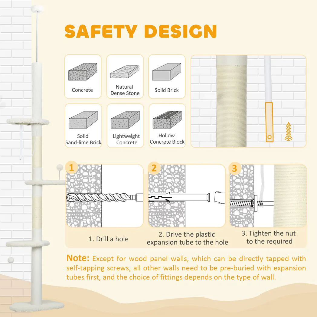 PawHut 225–255cm Adjustable Floor-to-Ceiling Cat Tree with Sisal Posts, Play Balls & Anti-Tip Strap, Beige