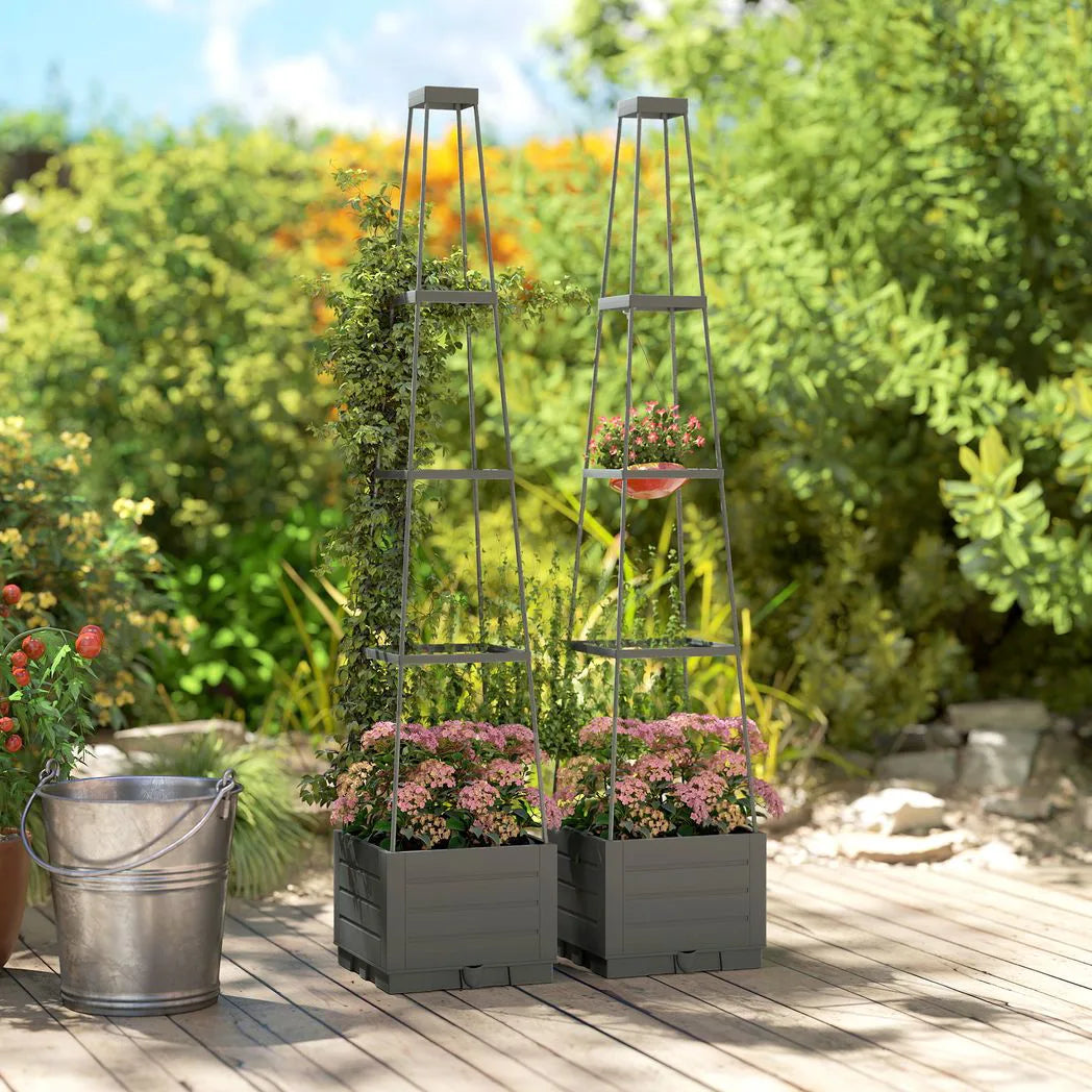 Outsunny Set of 2 Raised Garden Planters with Trellis – 12L Plastic Planter Boxes with Removable Drainage Trays