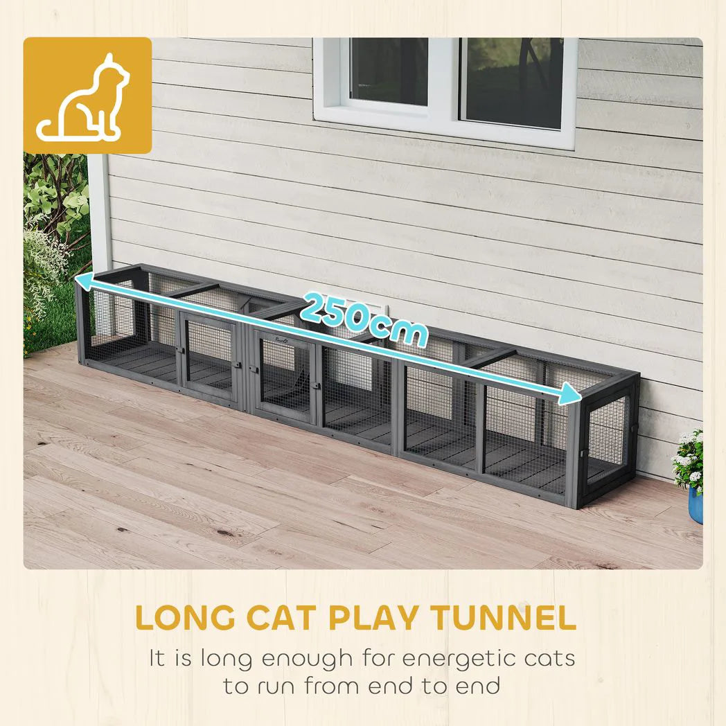 PawHut 250cm Extra Long Wooden Cat Tunnel with 8 Doors – L-Shape or Rectangle Outdoor Cat Enclosure, Dark Grey