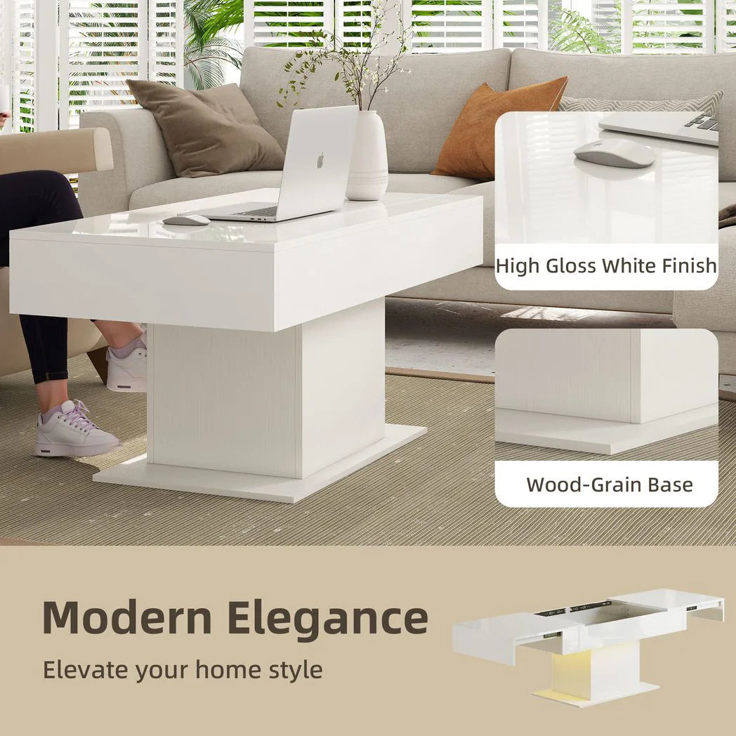 HOMCOM Extendable Coffee Table with LED Lights and Hidden Storage, 108–178.5cm – Living Room Table, High Gloss White