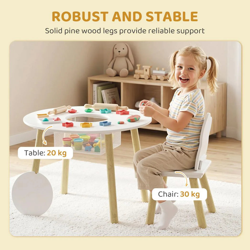 AIYAPLAY Kids Table and Chairs Set with Storage Bag – 3-Piece Cloud Design Toddler Playroom Set, White