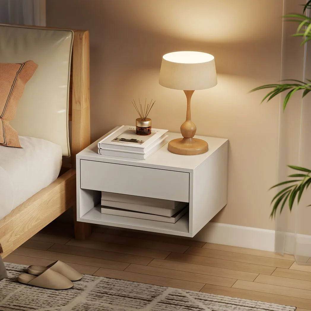 HOMCOM Set of 2 Floating Bedside Tables with Drawer and Shelf – Wall-Mounted Bedroom Storage, White