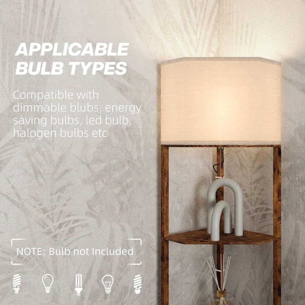 HOMCOM Corner Floor Lamp with 3 Storage Shelves & Pull Chain Switch – Tall Standing Lamp, Rustic Brown