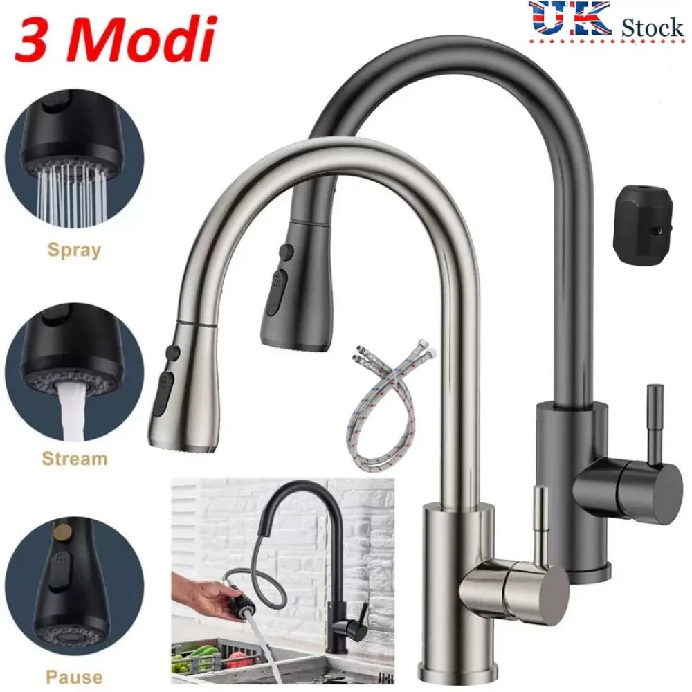 Modern Black Kitchen Sink Mixer Tap with Pull-Out Spray, 360-Degree Swivel and Single Lever – Brass Mono Tap