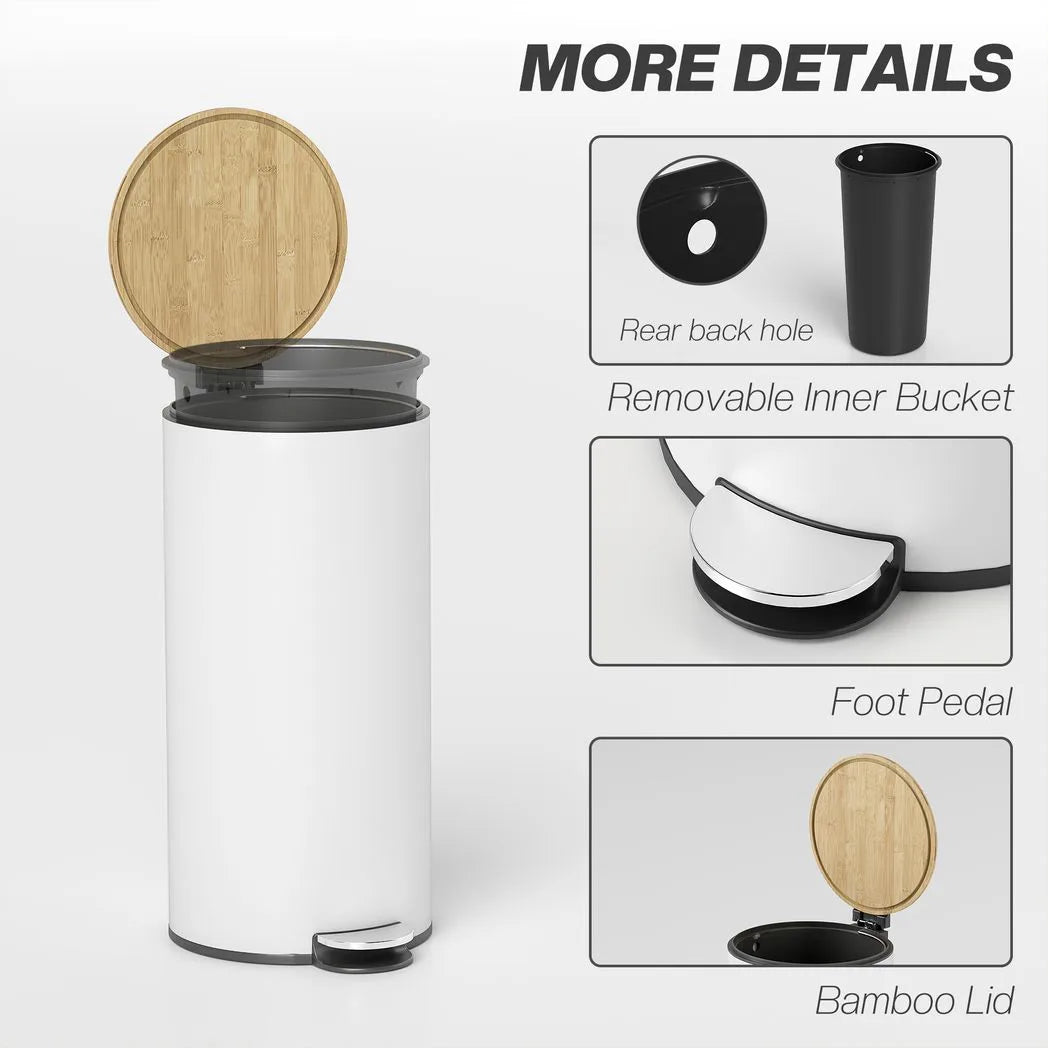HOMCOM 30L Kitchen Pedal Bin with Removable Bucket and Soft-Close Lid – Fingerprint-Resistant, White and Natural