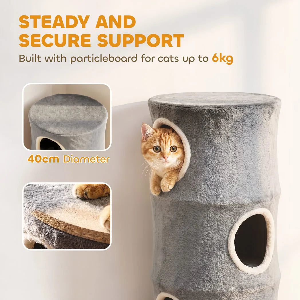 PawHut Four-Tier Cat Tree Tower with Connected Cubby and Removable Plush Cover – Space-Saving Cat Condo