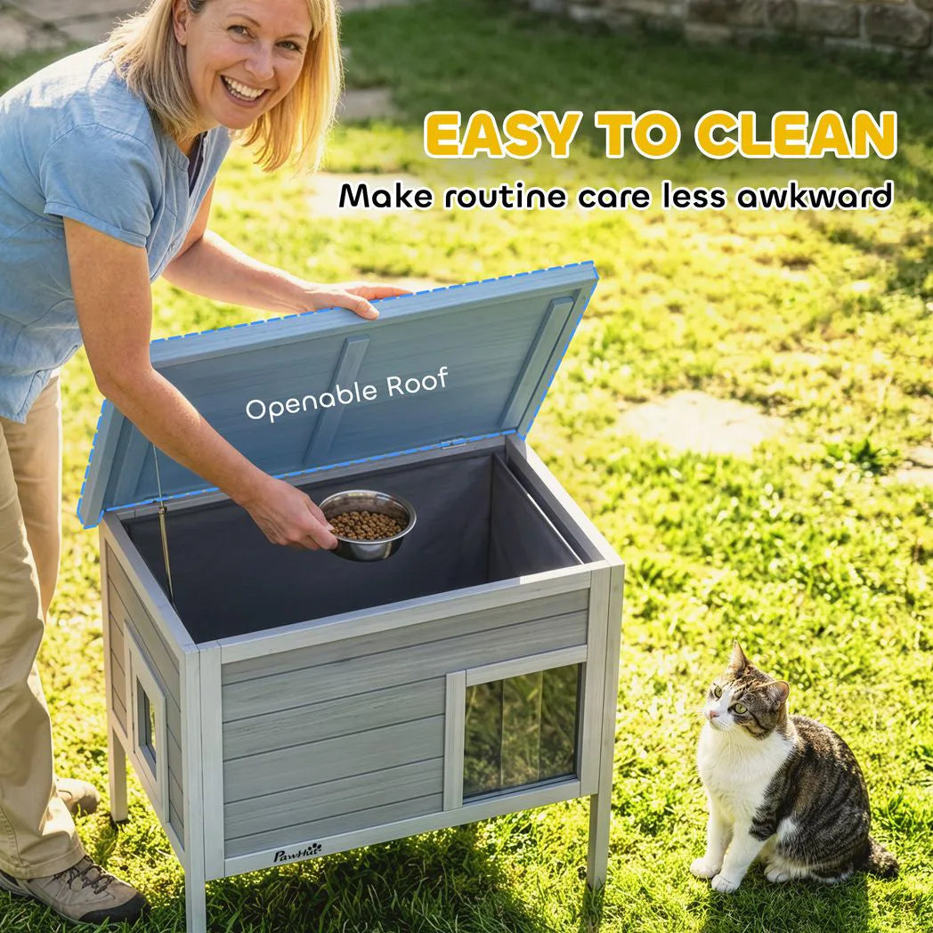 PawHut Outdoor Cat House with Removable Insulated Liner, Asphalt Roof and Escape Door – Wooden Cat Shelter