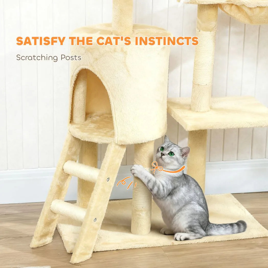 PawHut 134cm Multi-Level Cat Tower with Condo and Sisal Scratching Posts – Indoor Cat Tree, Beige