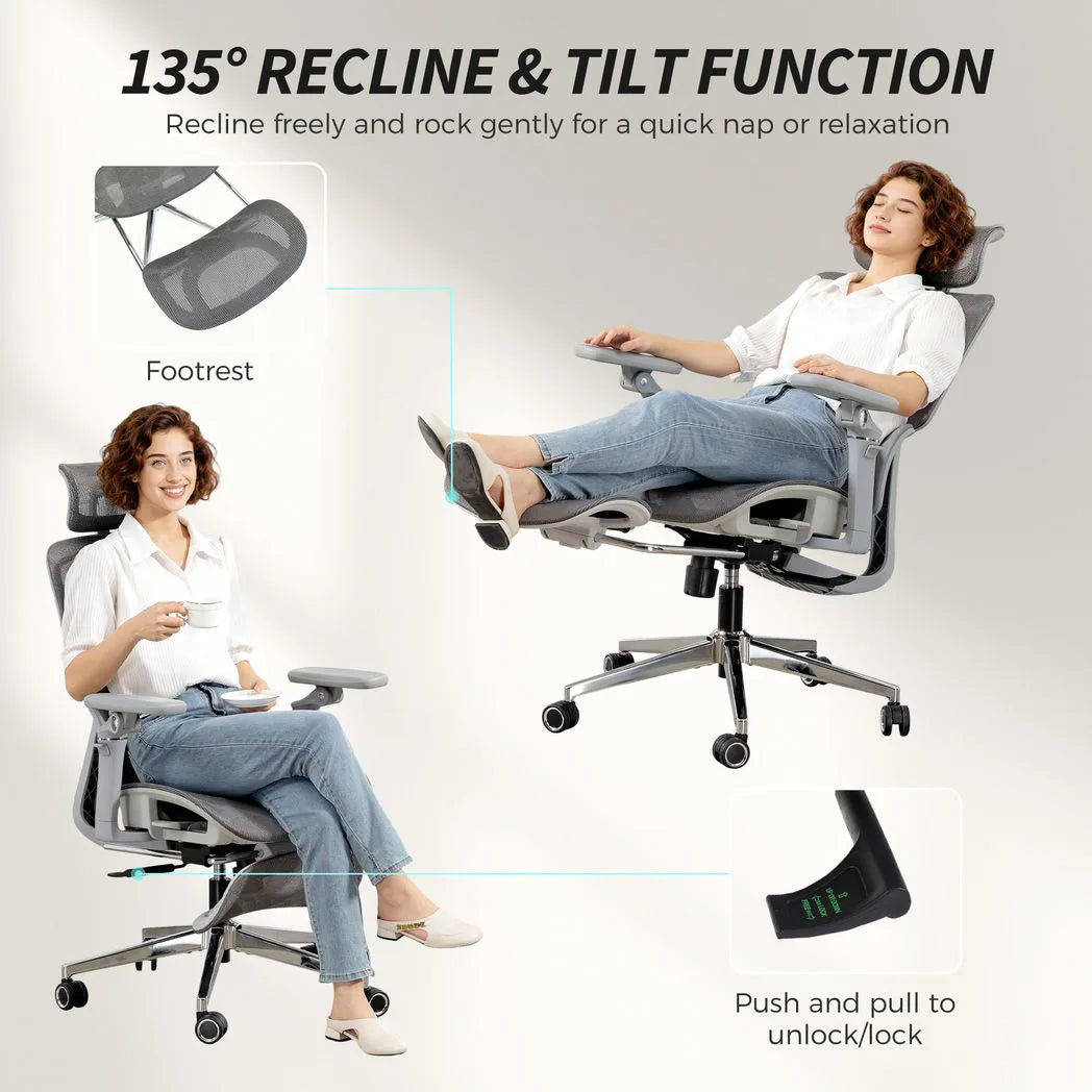 HOMCOM Ergonomic High Back Mesh Office Chair with 6D Armrests and 135° Recline – Footrest Desk Chair, Grey