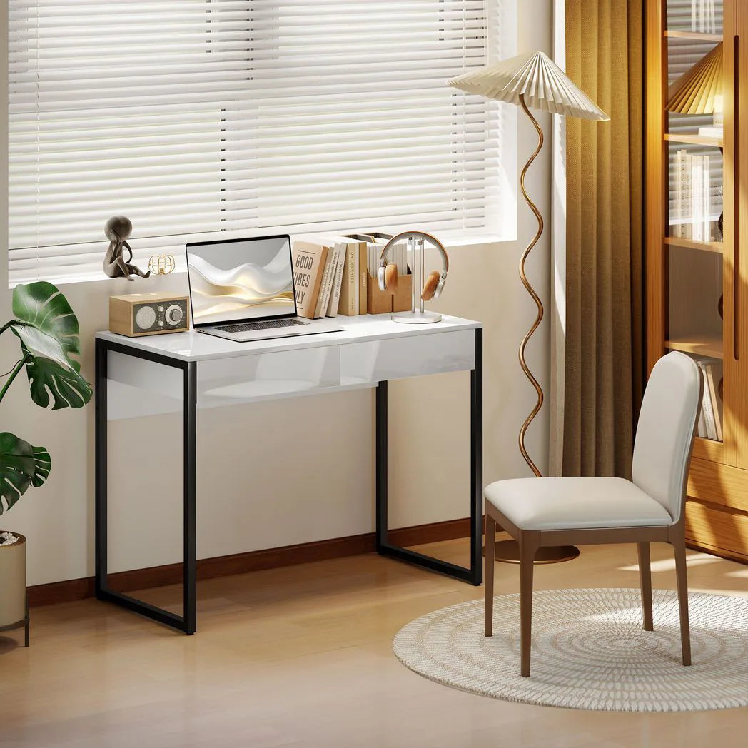 HOMCOM High Gloss Work Table with Two Handleless Drawers and Steel Frame – Home Office Desk, White