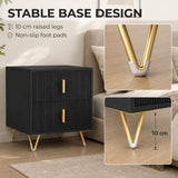 HOMCOM Fluted Bedside Table with 2 Drawers and Gold-Tone Handles, Compact Nightstand with Hairpin Legs – Black